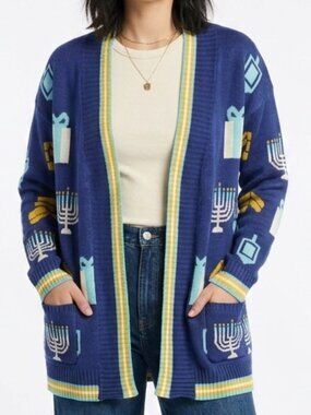 HANUKKAH Holiday Dreidel Menorah Cardigan Sweater Blue Large